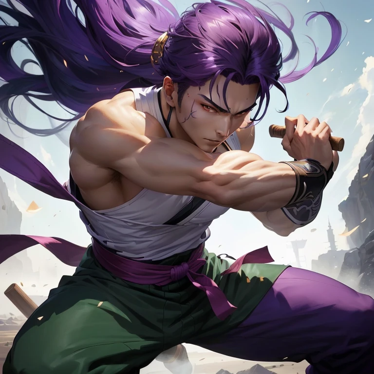 anime character with purple hair and purple pants holding a wooden staff, fighting game character, sylas, Steven Artgerm Lau, handsome guy in demon slayer art, official character art, range murata and artgerm, offcial art, jojo anime style, Artgerm lau, 极其详细的Artgerm, 坏蛋动漫8 K, style artgerm, main art