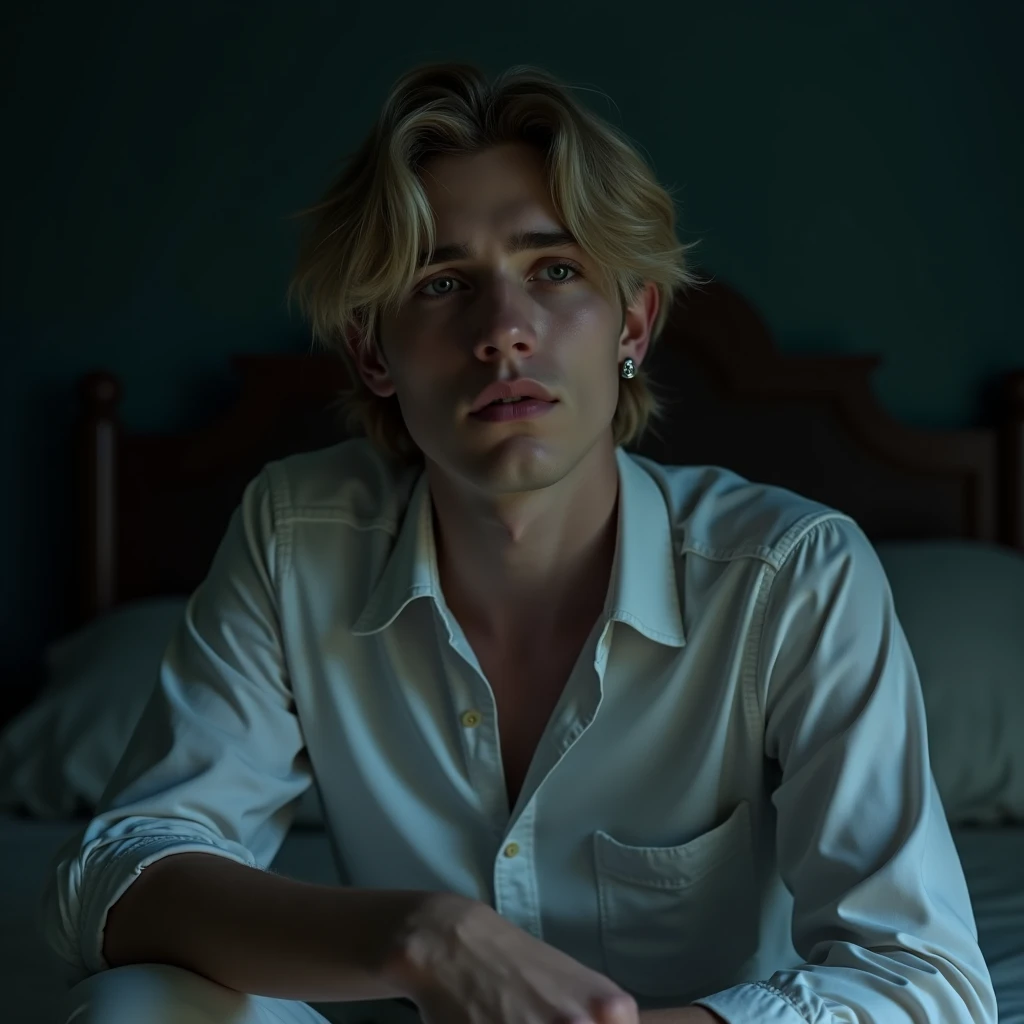 A man in a white shirt, sad eyes, blondie hair, earring in ear, inside of a bedroom, with a bed and a dark wall