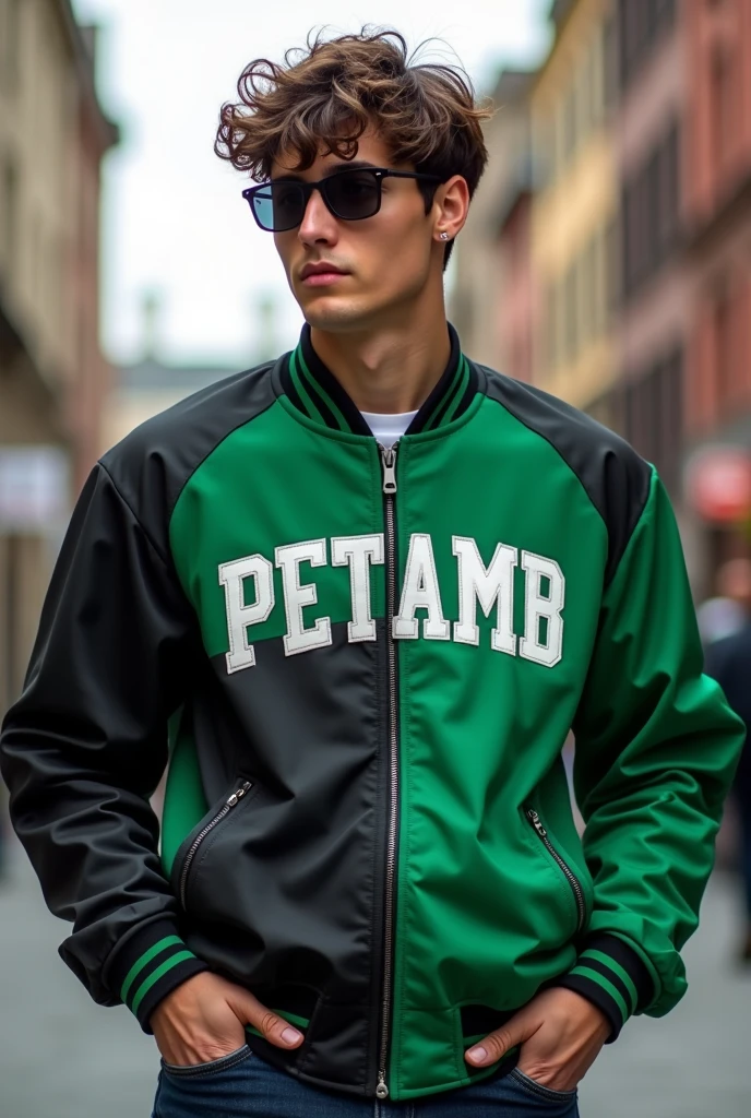 Black college jacket with green sleeves, written PETAMB in black, green and/or white, being able to have more details