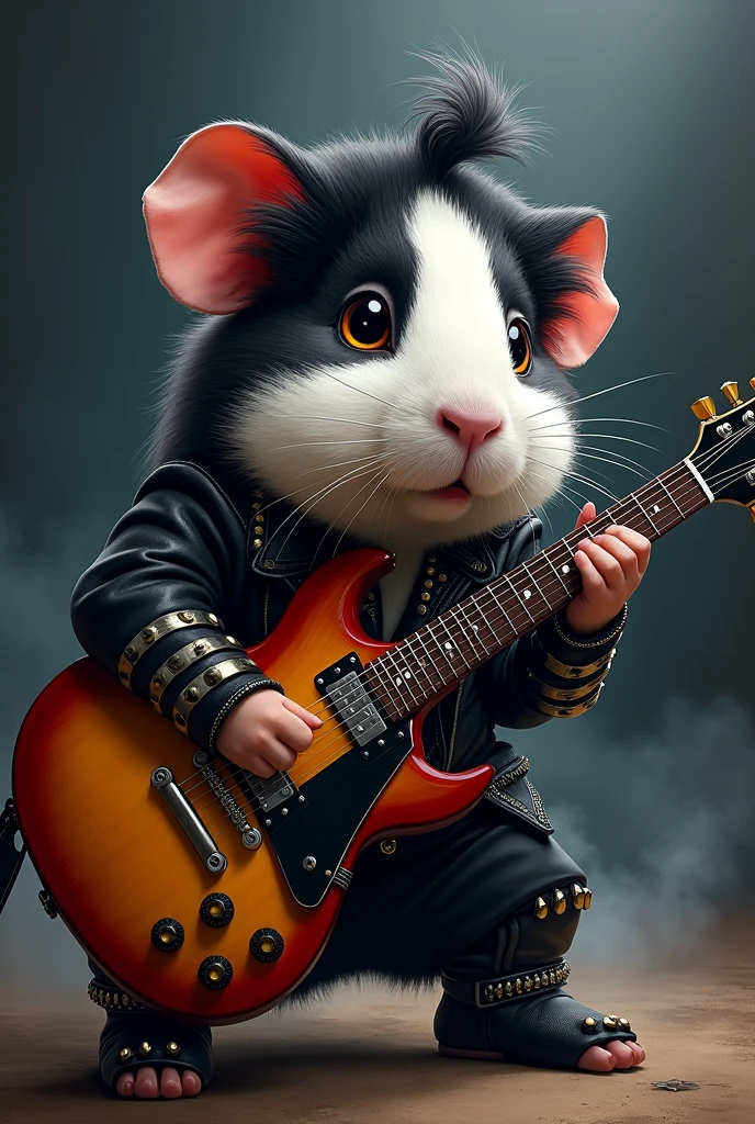 Generate me a guinea pig animal painted as a member of the Kiss band with a guitar