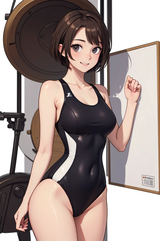 (((masterpiece, best quality, ultra highres, 1 girl, solo, white background))), super detailed skin and face and eyes and finger, cute japanese woman, small breasts, skinny, light brown hair, very short hair, knee shot, white background, 2D anime, boyish, expressionless, cartoon,  Various poses, Please draw the entire character within the frame, ensuring that the head, arms and legs are not cut off, with the character positioned centrally, smile showing teeth, nipples, female genitals visible through tight clothing, Sheer clothes, one-piece swimsuit,