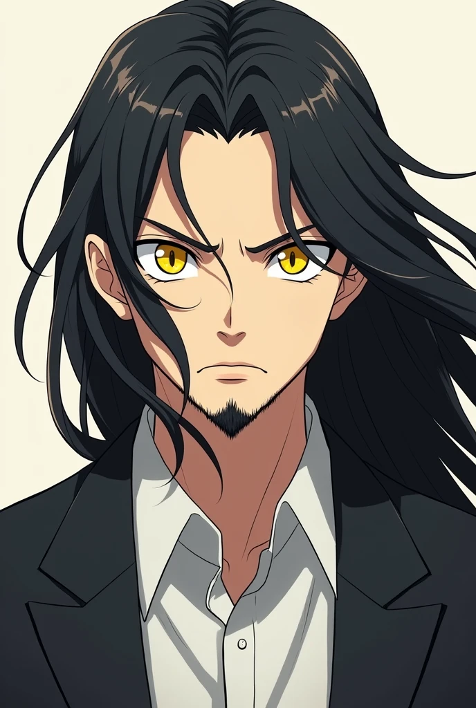 create a 30 year old man, long hair,small beard, white skin, yellow eyes, serious facial expression. Anime style