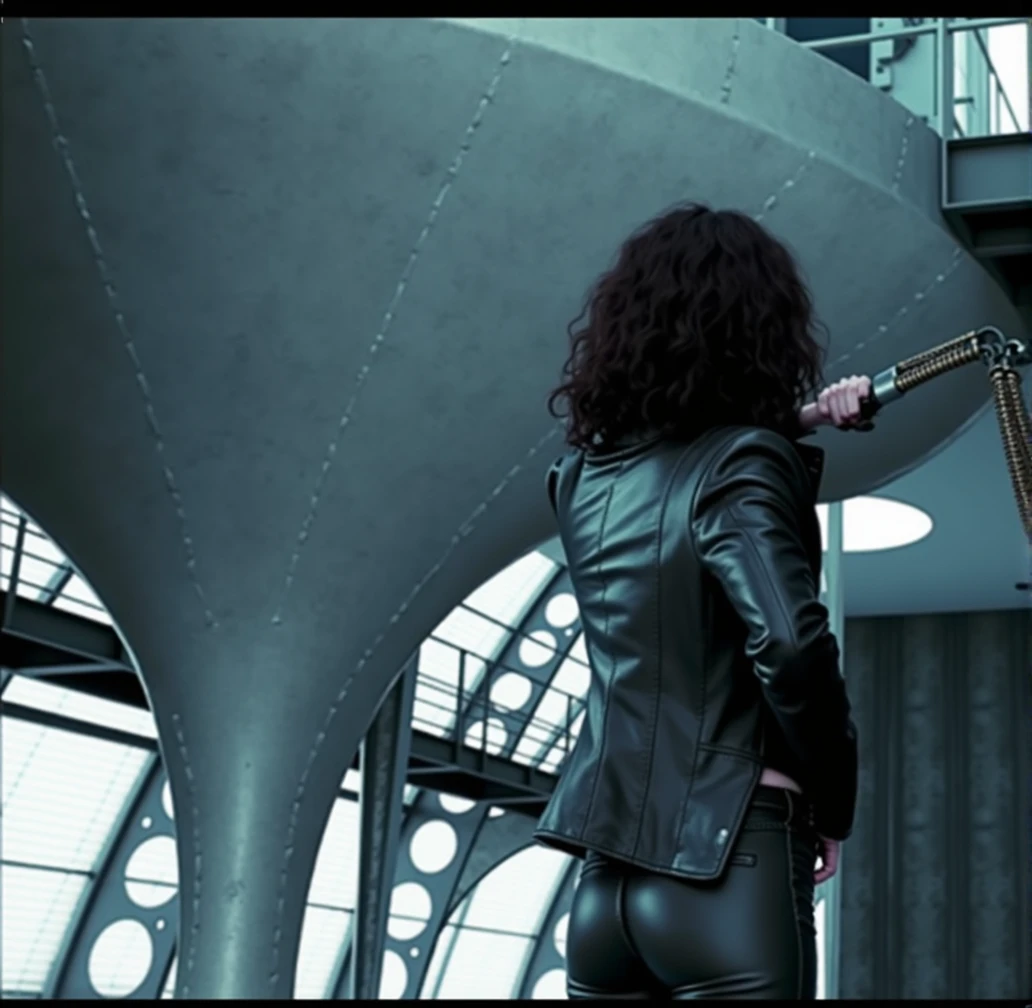 woman with her back to the camera, hand on hip pose, black cropped leather jacket, tight black leather pants, detailed big butt, butt expansion, butt inflation, big buttcheeks, photorealistic, hyper detailed, 8k, realistic, chiaroscuro lighting, moody lighting, dramatic lighting, portrait photography style, cinematic, dark and gritty, high contrast, cool color tones