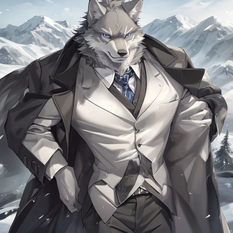 (best quality,ultra-detailed,realistic:1.37),grey wolf in a suit and overcoat,serious expression,gazing at the viewer,anime style,detailed grey wolf,fully grey fur,monochromatic color,grey,serious demeanor, blue eyes