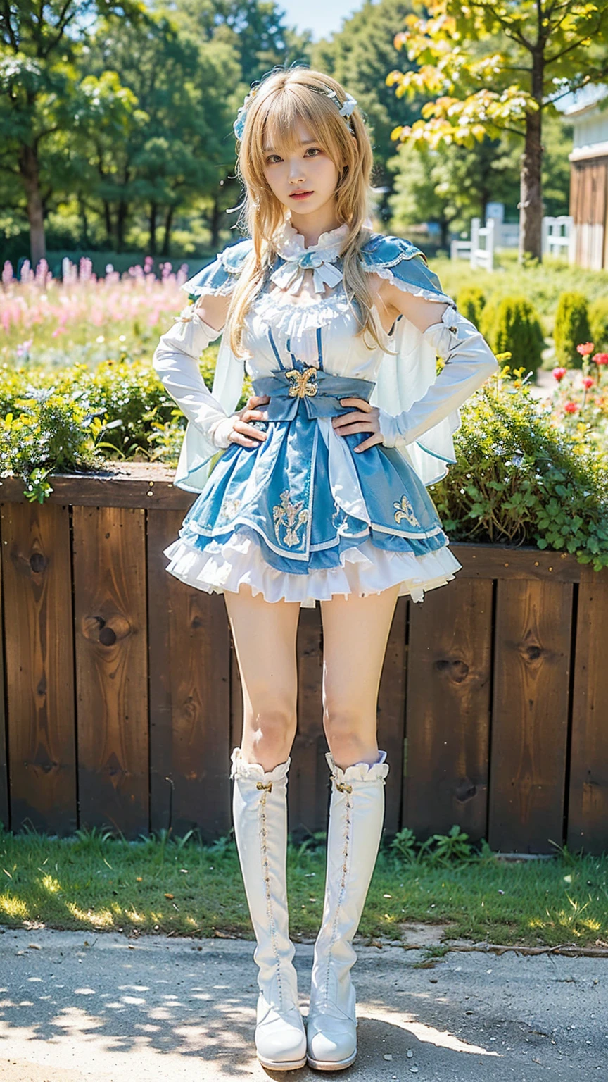 (8k、RAW Photos、Highest quality、masterpiece:1.2)、(Realistic、Realistic)、1 person、((Blonde、White and light blue、garden、Frills、Cape、mini skirt、Thin legs、whole body、boots、View from the front、Looking into the camera、Stand with hands on hips))、cute