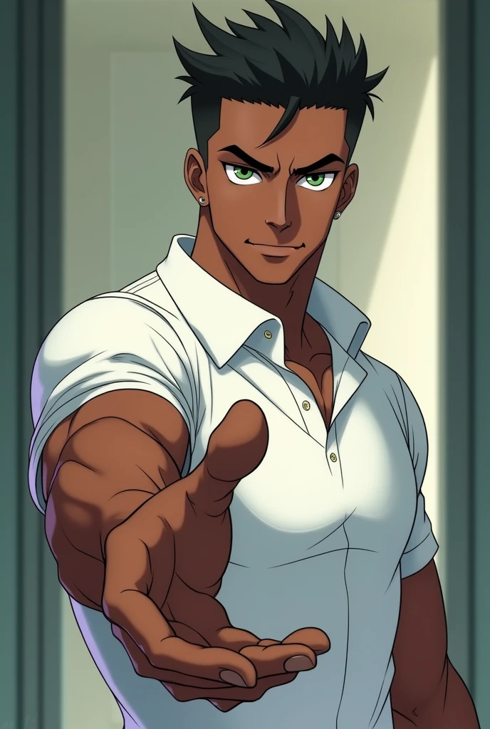 black male, sleeve-style, 5, charismatic but serious look, little smile, very muscular, greeneyes, shorth hair, hand extended as if to grab someone, white polo shirt, image from the waist up, clean background like the entrance of an apartment, sleeve-style anime