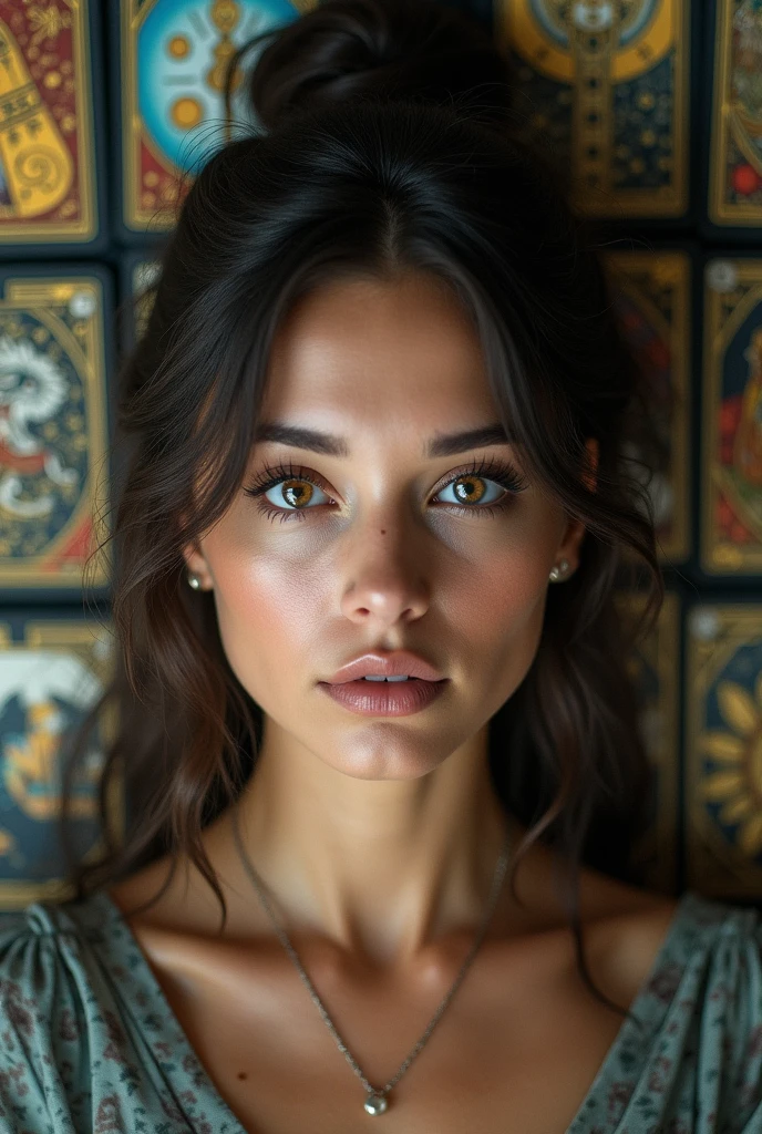 A clairvoyant woman, with tarot spread in the background of the image looking directly at the camera, showing the entire background, PICTURE REALISTIC, 8k