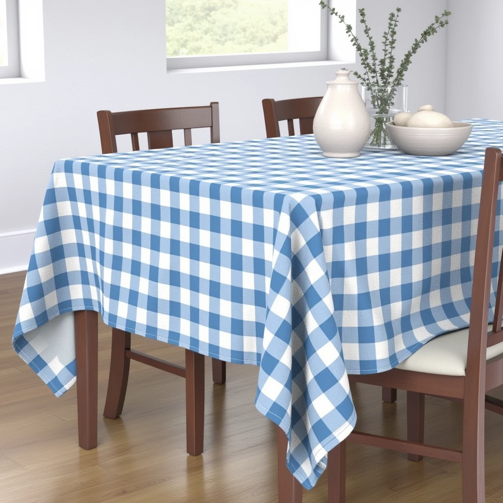 Table with blue checkered tablecloth
