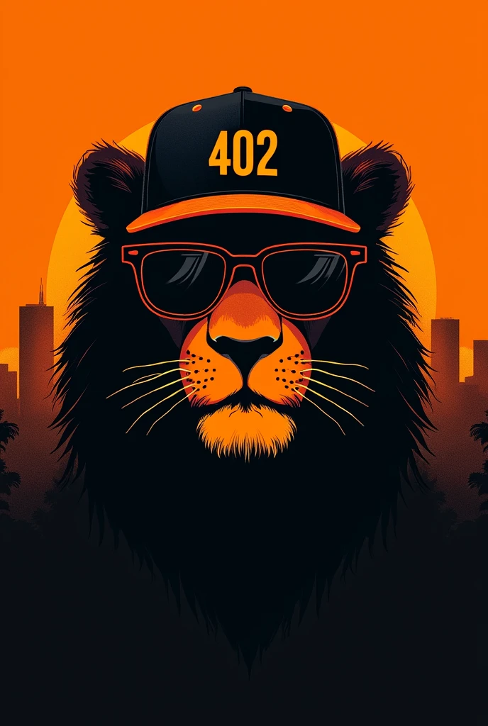 Silhouette of only the front face of a lion illustrated with urban flow with dark square glasses and a backwards cap that transmits appetite with orange and black colors and on the cap put 402