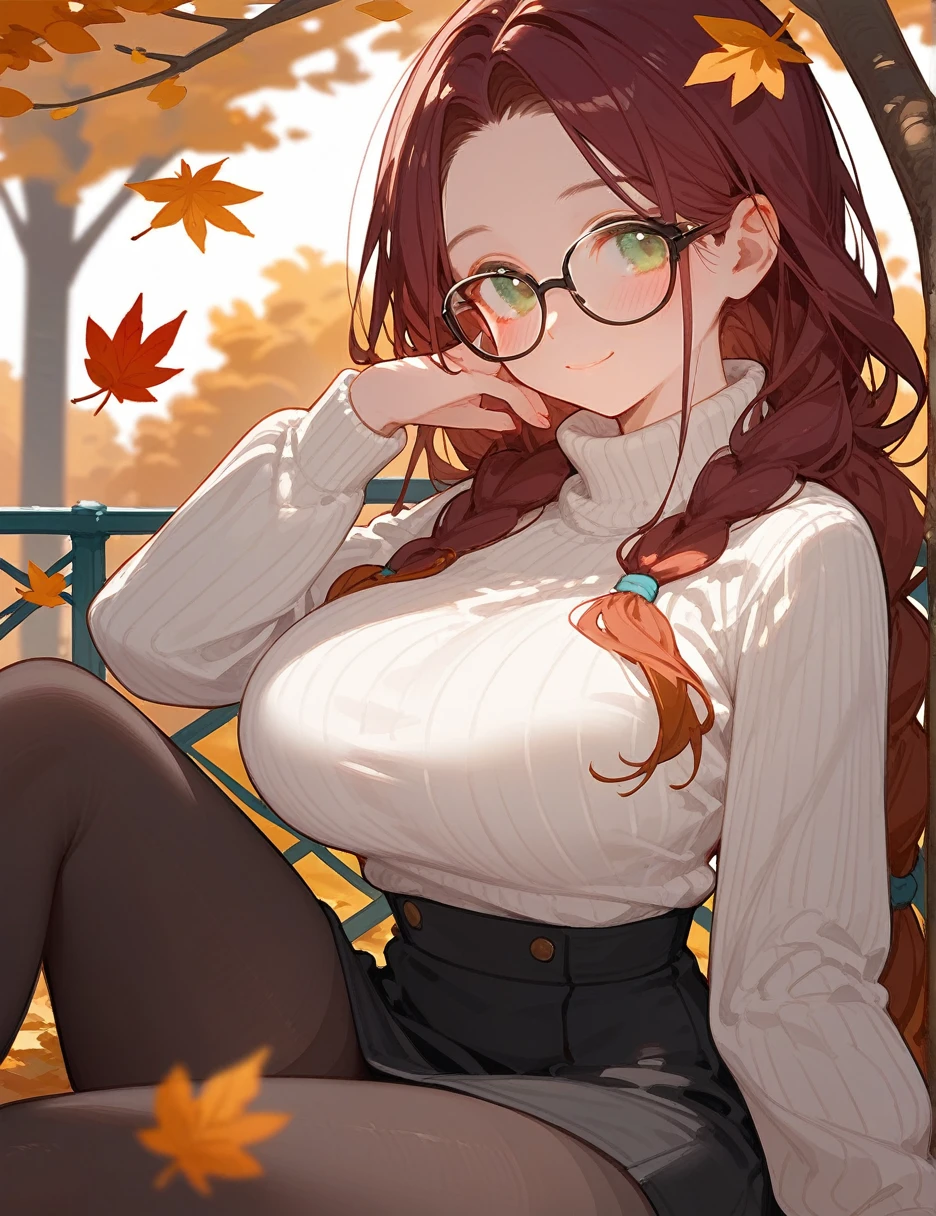 close up, (from below:0.4), autumn, score_9_up,score_8_up, 1girl, solo, green eyes, burgundy hair, braid, long hair, ((blush)), closed mouth, smile, big breast, pose, ((sitting)), (thin girl:1.2), (leaves), ((park)), glasses, turtleneck, black skirt, tights, panties, 
