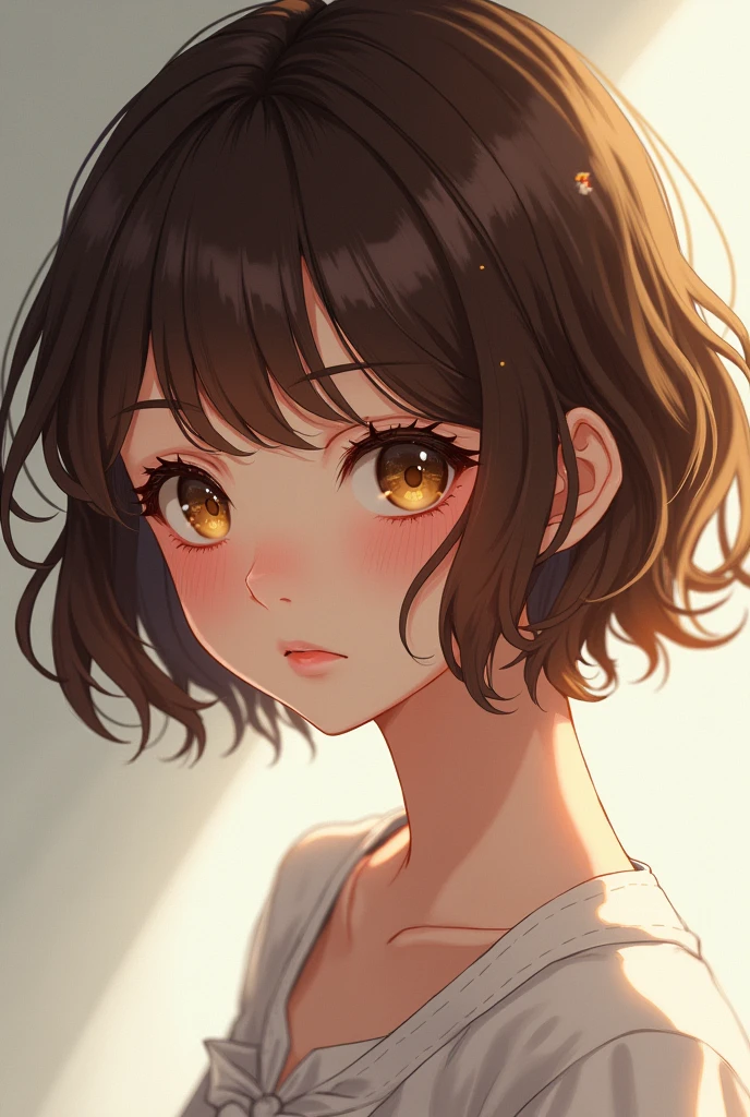 Create an image of a girl with short brown hair and honey-colored eyes, pink lips and a light anime-style tone, with a serious and cold face. 
