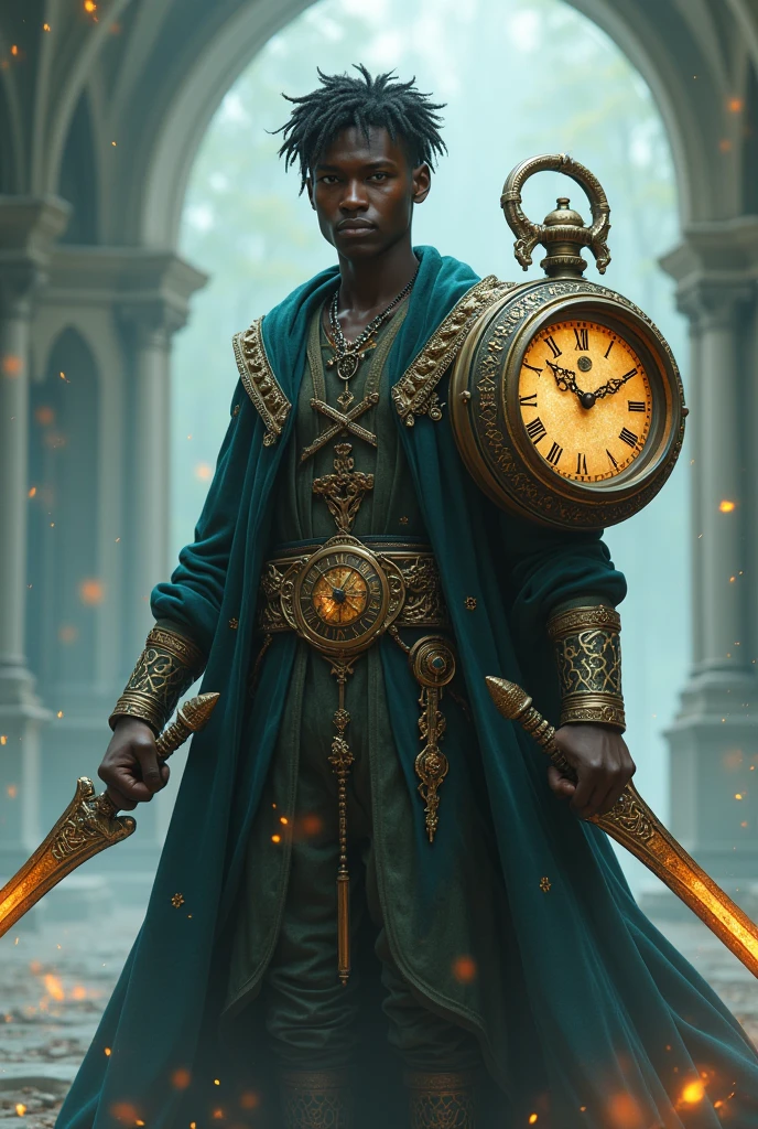 Young black man in elf wizard clothing and powers to control time from a large floating clock on his back. In his hands he holds two pointers in the form of swords