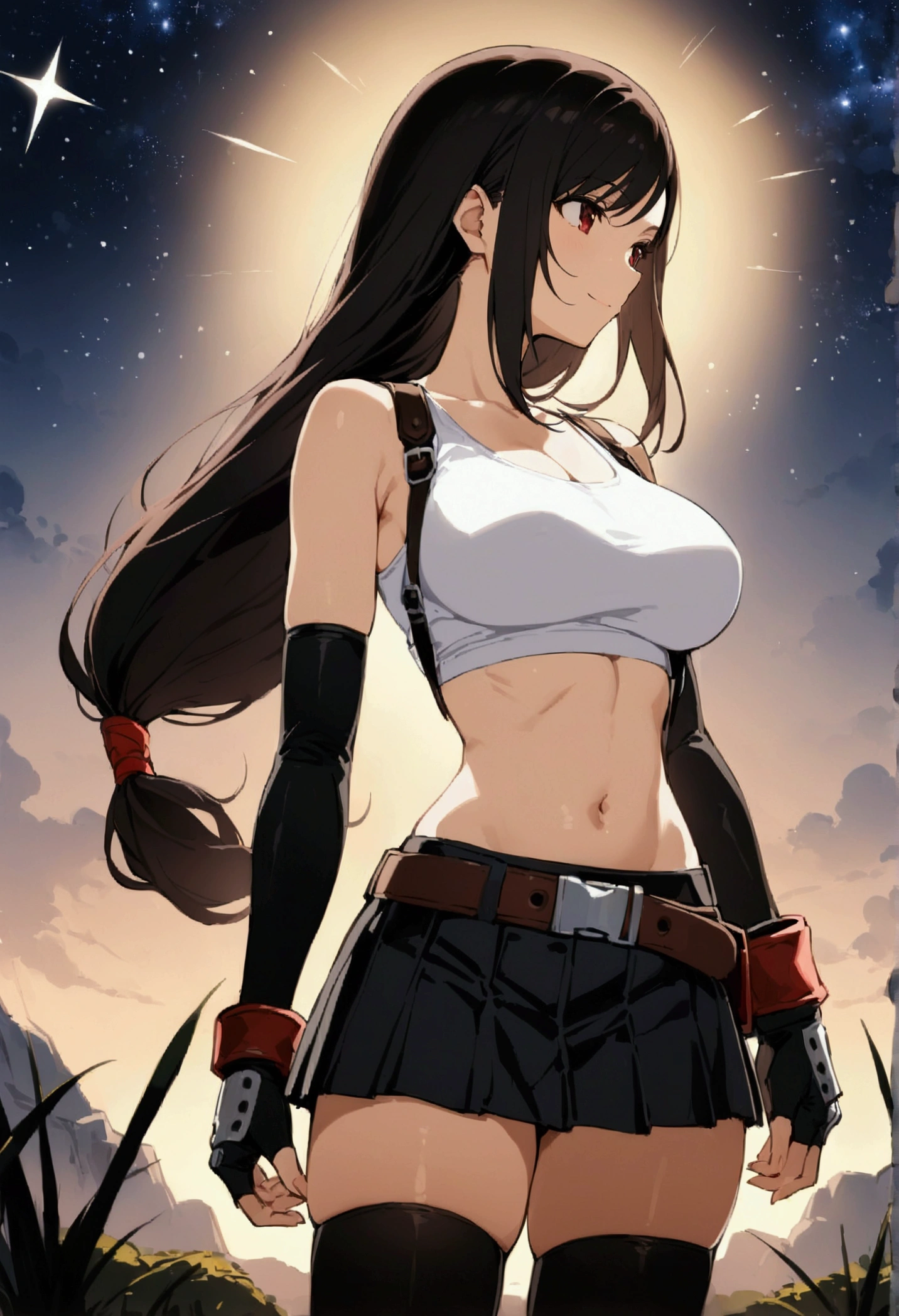 score_9,score_8_up,score_7_up,BREAK source_anime, masterpiece, best quality, (recent), perfect anatomy, very aesthetic,anime style,upperbody,,Solo,1girl, tifa lockhart, final fantasy,black hair, low-tied long hair, red eyes, bangs, (white tank top,gap),(High exposure),the ribs,belt, pleated skirt, thighhighs, elbow fingerless gloves, midriff, navel,suspenders.skirt),beautiful waist ,(large_breast:1.3),(from behind,looking away),standing,arms in sides,light smile,,,outdoor,star sky,night, skin tight, depth of field、beautifully lit,great lighting,posing