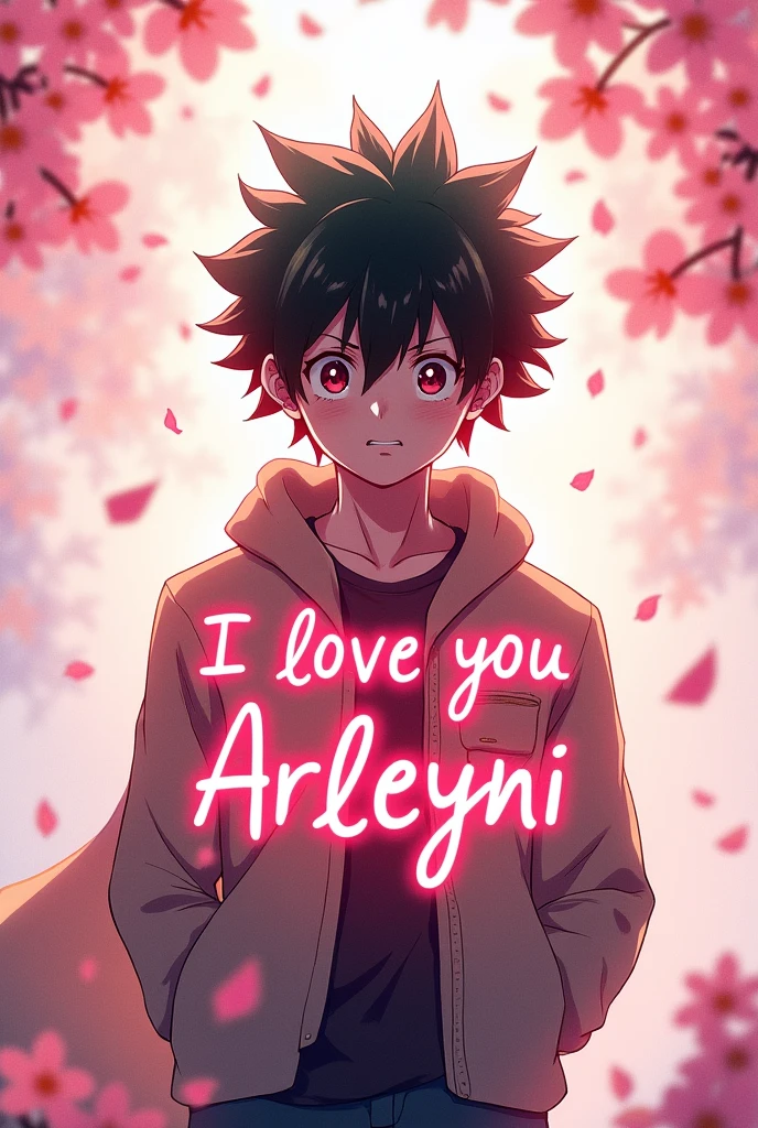 Create an image that says I love you arleyni, with torodoki from My hero acadamy