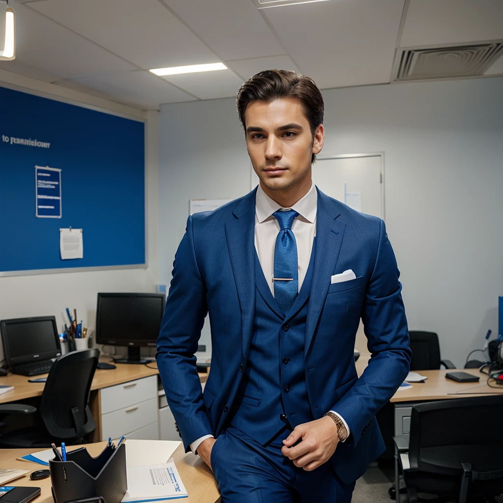 man in blue elegant suit in office