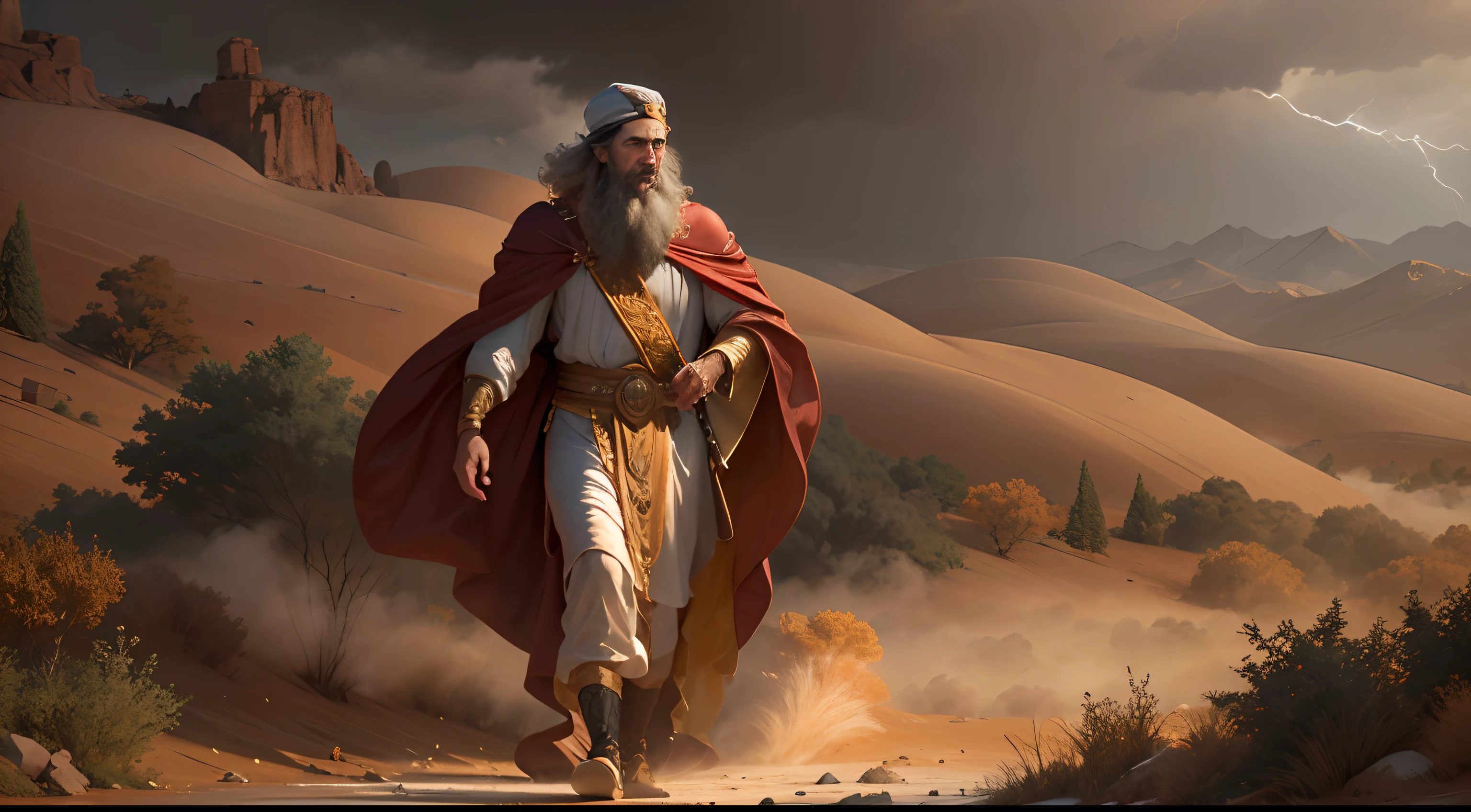 (best qualityer:1.2, 16K:1.2),ultra detali,(realisitic:1.37),King Solomon walking in the desert,nube,Storm Biblical Times