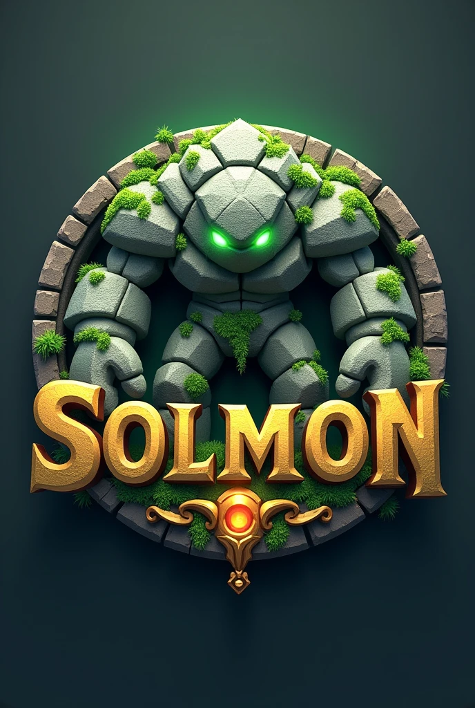 Design a 3D stylized logo for 'SOLMON - Solana Monsters,' featuring a nature-infused rock golem as the central emblem. The golem should be depicted as a massive, sturdy figure with a body made of boulders and stones, covered in moss, vines, and small plants, symbolizing its connection to the earth. The character should have glowing green eyes, reflecting its elemental power and the mystical nature of the SOLMON universe.
Central Emblem: The rock golem should be prominently featured in the center of the logo, with a color palette that includes shades of grey, green, and earthy browns, accented with subtle glowing effects. The design should capture the golem’s strength and connection to nature while maintaining a sleek and modern aesthetic.
Background Elements: Surround the golem with a circular border that incorporates rocky textures, patches of greenery, and misty atmospheric elements. The background should enhance the natural theme, using subtle gradients and digital textures to create depth and visual interest.
Typography and Details: The text 'SOLMON' should be integrated into the design, using bold, rounded typography that complements the earthy, powerful theme of the logo. Subtle glowing accents and digital elements can be added around the text and emblem to enhance the otherworldly and magical vibe. Ensure the overall design is clean, balanced, and visually impactful, making it suitable for branding and easily recognizable.