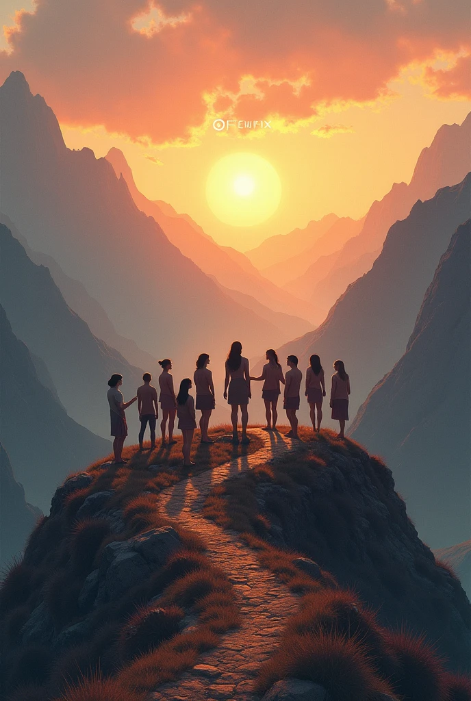 Imagine an image with a horizon at dawn, where the first rays of sun illuminate a mountain path. At the bottom of the image, Place 9 women standing on top of a hill, looking forward with determination. One of them is the leader. Add a text above that says FENIX