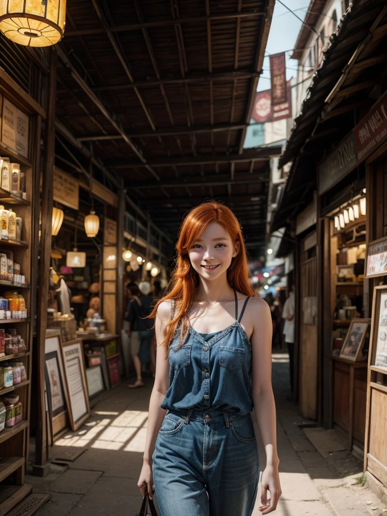 Photorealistic photo of a young redhead woman strolling through an old market in Thailand, A kind smile, art:midjorney, Luminism, The ultimate in complex shadow and light contrast, An award-winning IPA, Artistic Lens, Warm colors, art:Tim Burton