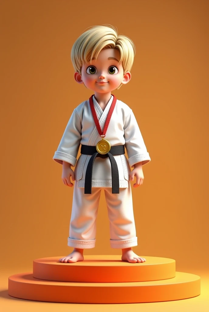 White boy with straight hair, orange stripe on the podium with a karate medal
