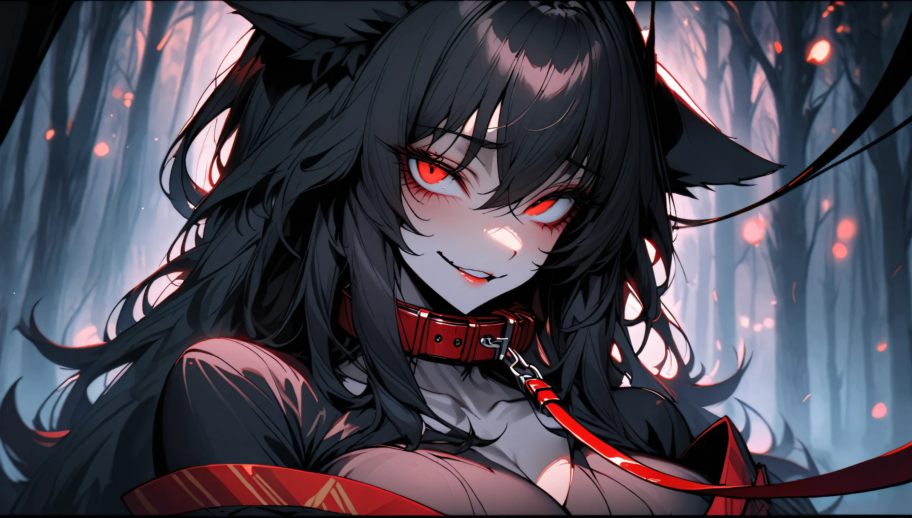 solo, female, huge woman, heavy black mascara, long silky black hair, red eyes, black wolf ears, huge breasts, collar, leash, elegant, kimono, leash, furry claws, close up, forest, bound, tied up, dark, yandere smile, cleavage:0.3, pinup pose