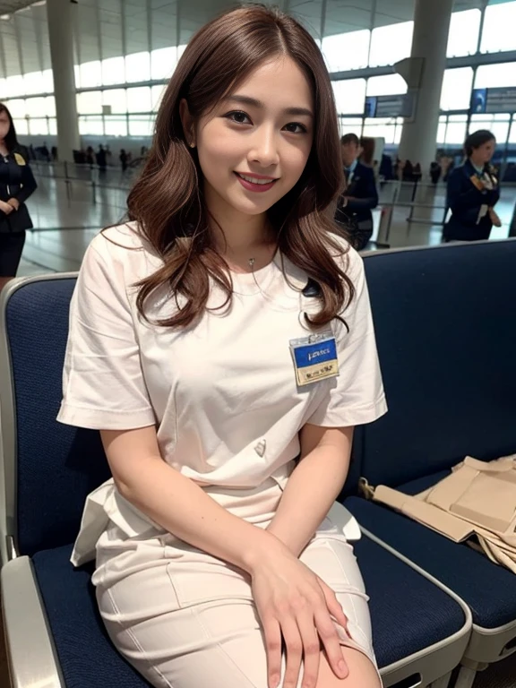 (Top quality? masterpiece, 8K, Ultra-high resolution, (Practical: 1.4), 1 girl, Beautiful expression, Symmetrical eyes, Brown curly hair,sparrow, Perfect body proportions, Airline stewardess, cleveage, Looking at the audience, (at the airport: 1.2), Long legs (1.3), a smile