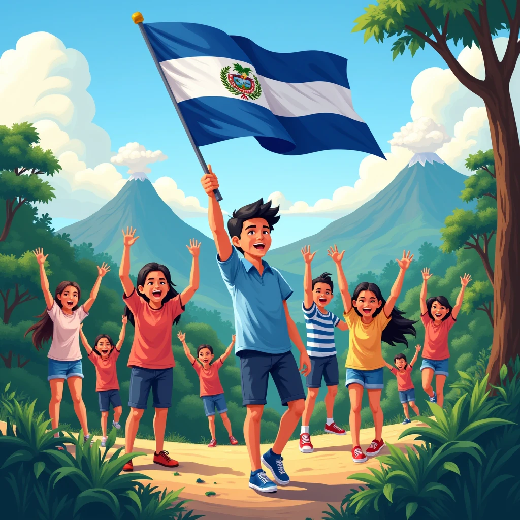 CREATE AN ILLUSTRATION WITH HAPPY PEOPLE, ONE OF THEM CARRIES A BLUE AND WHITE FLAG WHICH IS THE FLAG OF THE COUNTRY EL SALVADOR, AND IN THE BACKGROUND HE PLACES FOREST VALLEYS WITH VOLCANOES, ALSO A SIGUANABA, A TOROGOZ AND A MAQUILLISHUAT TREE