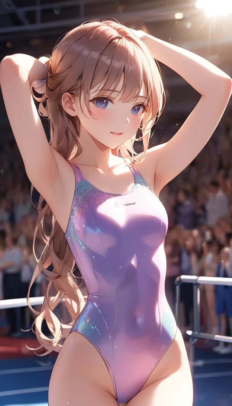 expensivequality illustration, masterpiece, Very delicate and beautiful, attractive,(Gymnastics leotard,Tight leotard,length_Leotard with sleeves,expensive_Leg leotard,athletic leotard), Audience reaction,thin,Slender body,slim,expensive school,Gym,Gymnastics Club,Beautiful Eyes,(masterpiece, Highest quality:1.2), expensiveres, Very detailed CG ユニティ 8k 壁紙, Perfect lighting, colorful, ultra-expensive res,4K,Very detailed, photograph, 8k, High resolution, ,Cowboy Shot,