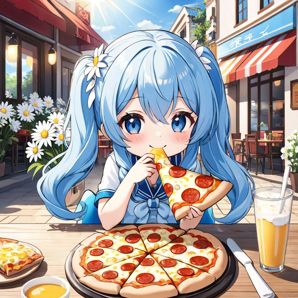 Light blue long hair、Cute chibi character with twin tails、Eating a big pizza、A deliciously beautiful smile、Cheese is smeared all over his cheeks.、A bright cafe with lots of sunlight、A lot of white daisies are displayed