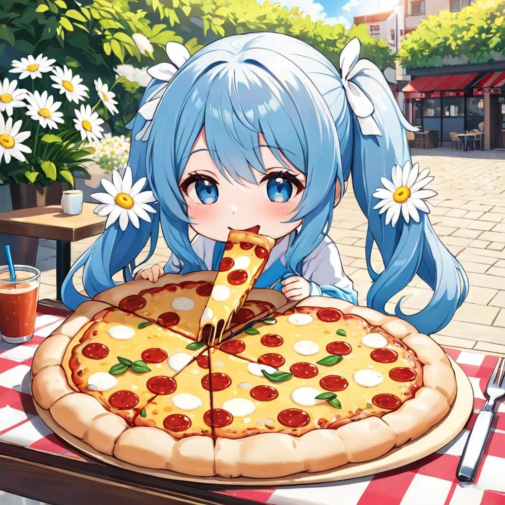 Light blue long hair、Cute chibi character with twin tails、Eating a big pizza、A deliciously beautiful smile、Cheese is smeared all over his cheeks.、A bright cafe with lots of sunlight、A lot of white daisies are displayed