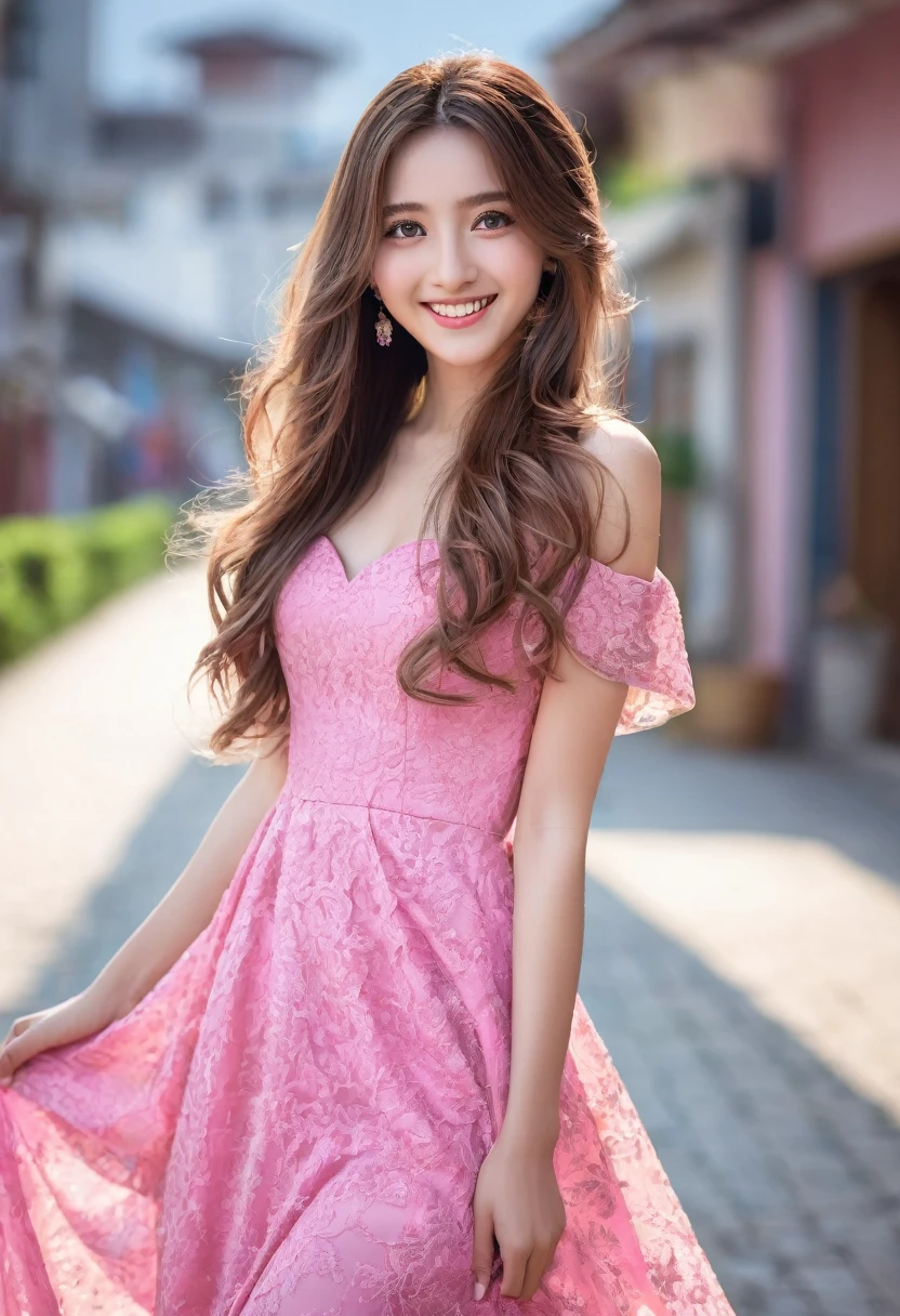 Ultra hd, 8k quality, a girl, happy, very long hair, detailed eyes, beautiful dress, pink dress, attractive pose, whole body capture,