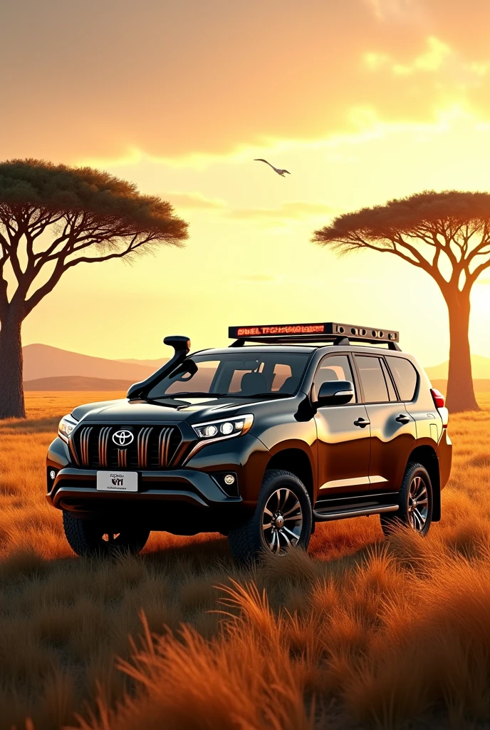 A Toyota Prado vehicle in Africa with DJEL TECHNOLOGY posters 