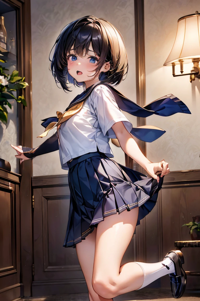 Browsing Caution,​(Highest quality, 8k, masterpiece:1.3,beautiful girl), (Very detailed)Glowing Skin,((Short sleeve, cute navy sailor suit, Navy Pleated Skirt, Navy sailor collar, Blue Sailor Scarf, socks, Brown Loafers)), running、Mr. Turning,(Perfect Anatomy, Anatomically correct, Very detailed肌),((Golden Eyes)),((Perfect Fingers,Five Fingers)),((Black Hair,Bobcut,)),Natural Makeup,Smile in full bloom、Rear View、cheeks turn a little red,Please put your shoes back on,Town,((Man pulling hand))
