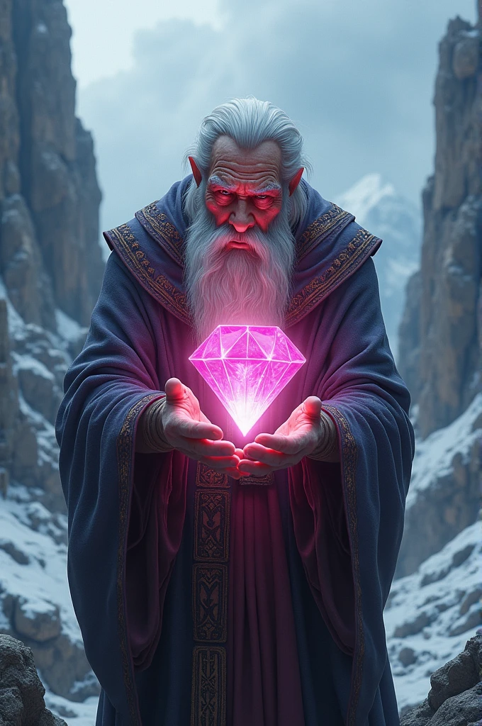 Pink diamond holding by old wizard in mountain
