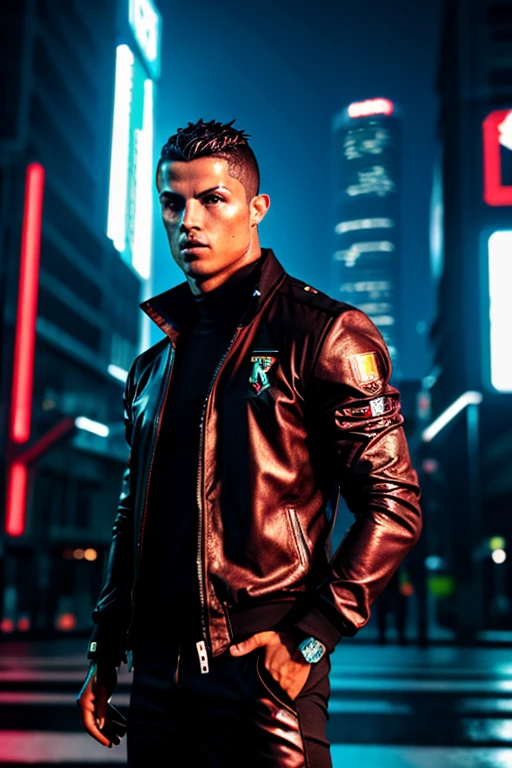 cyberpunk style, ( Cristiano Ronaldo's iconic face with a soccer ball under his right foot:1.2),Cristiano Ronaldo posing for the camera showing his skills by stepping on a soccer ball with his right foot, (robotic arms and robotic legs:1.3). In this captivating cyberpunk painting, Cristiano Ronaldo emerges as a beacon of athletic prowess frozen in time. Bathed in the neon glow of an urban metropolis, the football icon is in the middle of the action, his powerful kick immortalized in a shot that defies temporal constraints. Ambient tones of electric blue and pulsating magenta cast an otherworldly aura, creating a surreal fusion of technology and athletics. The air crackles with suspended anticipation as the ball hovers in the air, captured at the apex of its trajectory. Ronaldo's physique exudes a sense of controlled dynamism, its chiseled form is an emblem of cybernetic athletics. The urban backdrop, adorned with holographic billboards and flickering neon signs, adds a gritty cyberpunk aesthetic to the scene. In this frozen moment, Ronaldo becomes a cybernetic maestro, mixing the organic and the synthetic in a visual symphony of cyberpunk excellence. The stillness resonates with a narrative of transcendent skill meeting futurist urban landscapes, encapsulating the essence of a football legend frozen in the Digital zeitgeist. neon, dystopian, futurist, Digital, Vibrant, detailded, hight contrast, reminiscent of the cyberpunk genre