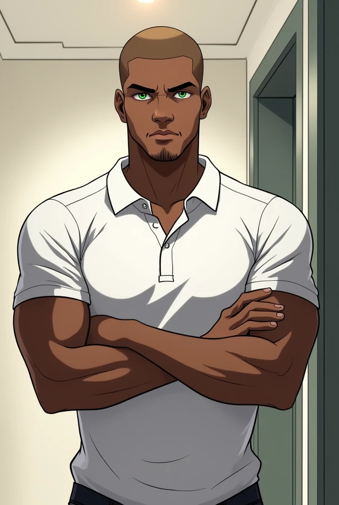 black male, sleeve-style, age 25, charismatic but serious look, little smile, very muscular, greeneyes, shorth hair, crossed arms, white polo shirt, image from the waist up, clean background like the entrance of an apartment, sleeve-style anime, very short hair, almost bald