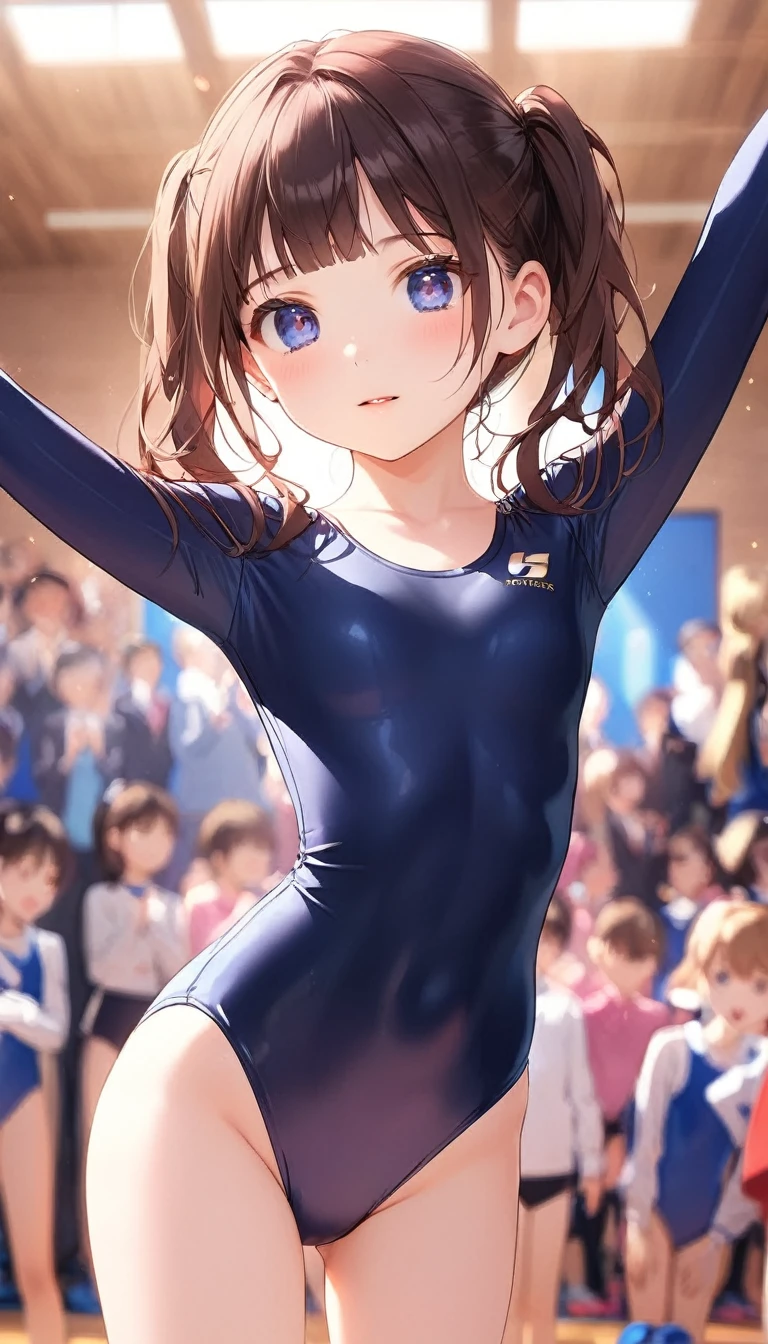 expensivequality illustration, masterpiece, Very delicate and beautiful, attractive,(Gymnastics leotard,Tight leotard,length_Leotard with sleeves,expensive_Leg leotard,athletic leotard), Audience reaction,thin,Slender body,slim,expensive school,Gym,Gymnastics Club,Beautiful Eyes,(masterpiece, Highest quality:1.2), expensiveres, Very detailed CG ユニティ 8k 壁紙, Perfect lighting, colorful, ultra-expensive res,4K,Very detailed, photograph, 8k, High resolution, ,Cowboy Shot,