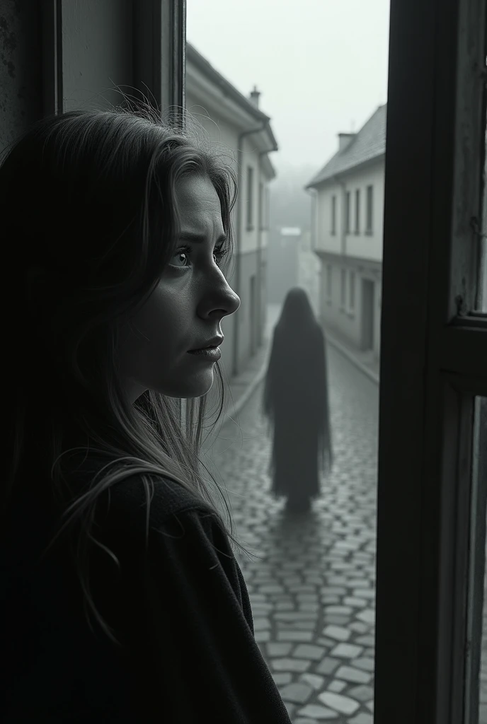 (photorealism, aspect ratio 16:9), A frightened woman looks out of her house window at a spectral figure, fantasmagorica, walking on a village street, Very gloomy black and white image