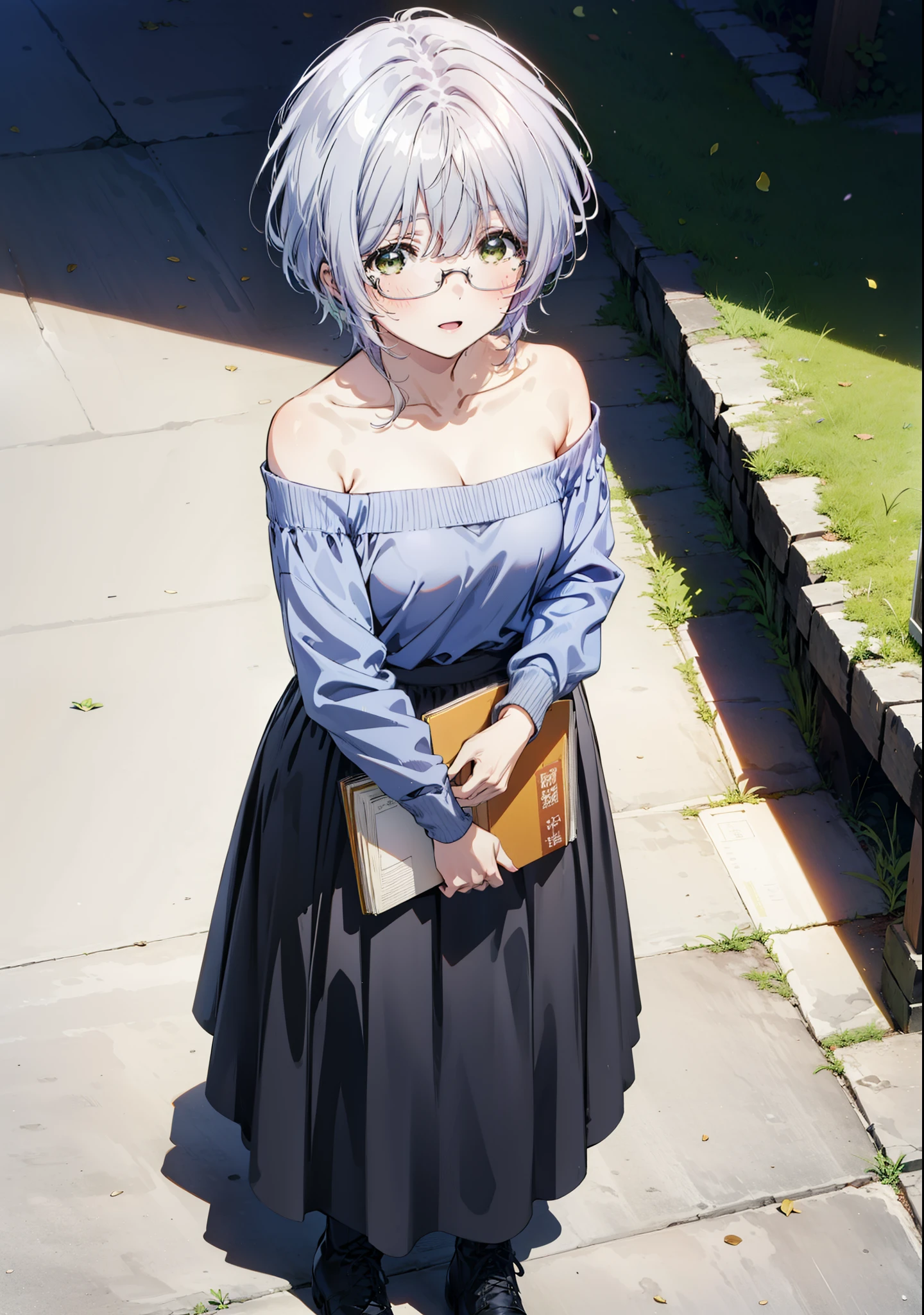fuukakikuchi, fuuka kikuchi, short hair, bangs, Hair between the eyes, (Green Eyes:1.3),smile,Open your mouth, Glasses,Grey Hair,One-shoulder sweater,Long skirt,Black pantyhose,short boots,Holding a book in both arms,morning,morning陽,whole bodyがイラストに入るように,
break indoors, figure書館,
break looking at viewer,whole body,
break (masterpiece:1.2), Highest quality, High resolution, unity 8k wallpaper, (figure:0.8), (Beautiful attention to detail:1.6), Highly detailed face, Perfect lighting, Highly detailed CG, (Perfect hands, Perfect Anatomy),