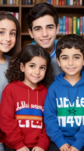 A group of Jewish Hebrew children in sweatshirts focus on the face