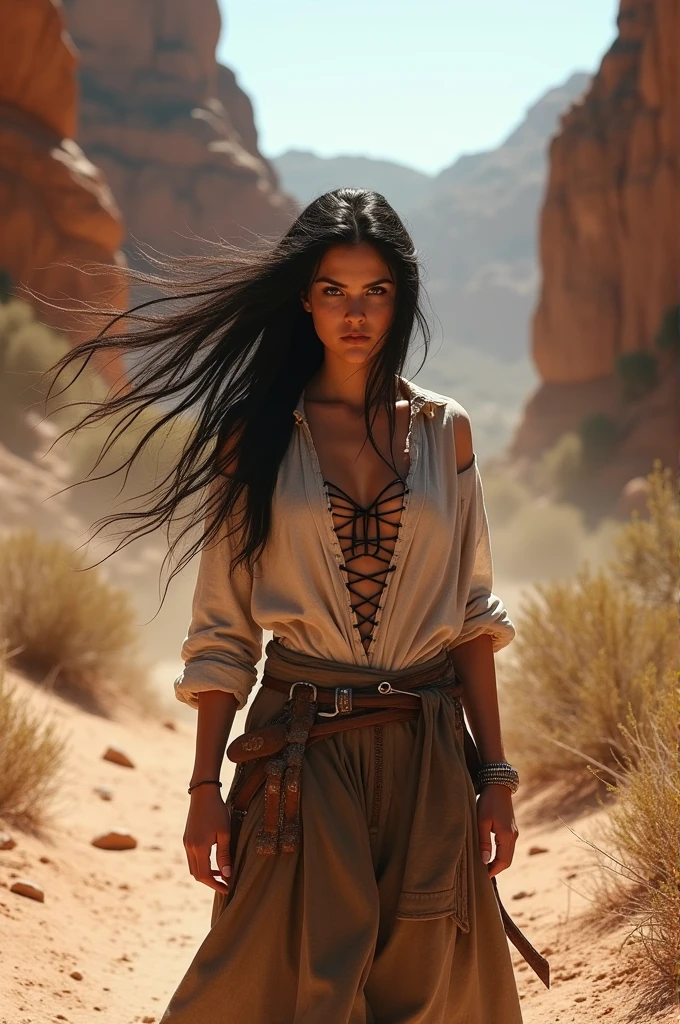 Dark-haired woman stands in front of us and challenges us with her gaze, with an old shirt with undone lacing open vertically, fabric fluttering in the wind, with a short asymmetrical slit skirt fluttering in the wind, with long dusty and tangled hair, with a sword the belt. Arid path, between two high red rock cliffs, sun at zenith, strong heat, arid path, sand, pebbles, large rocks, dry and cracked mud, sand flying in the wind, dry shrub, tufts of dry grass, dry dead wood , wind blows dust and dry leaves Hyperrealistic photographic rendering, fantastic medieval universe