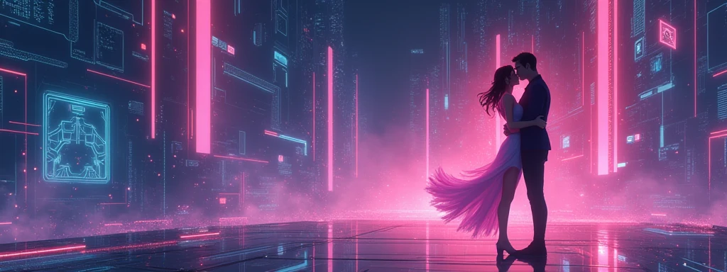 Anime style background. technology themed. high contrast. (Hex:#f0647c) focused color scheme. Love oriented.
