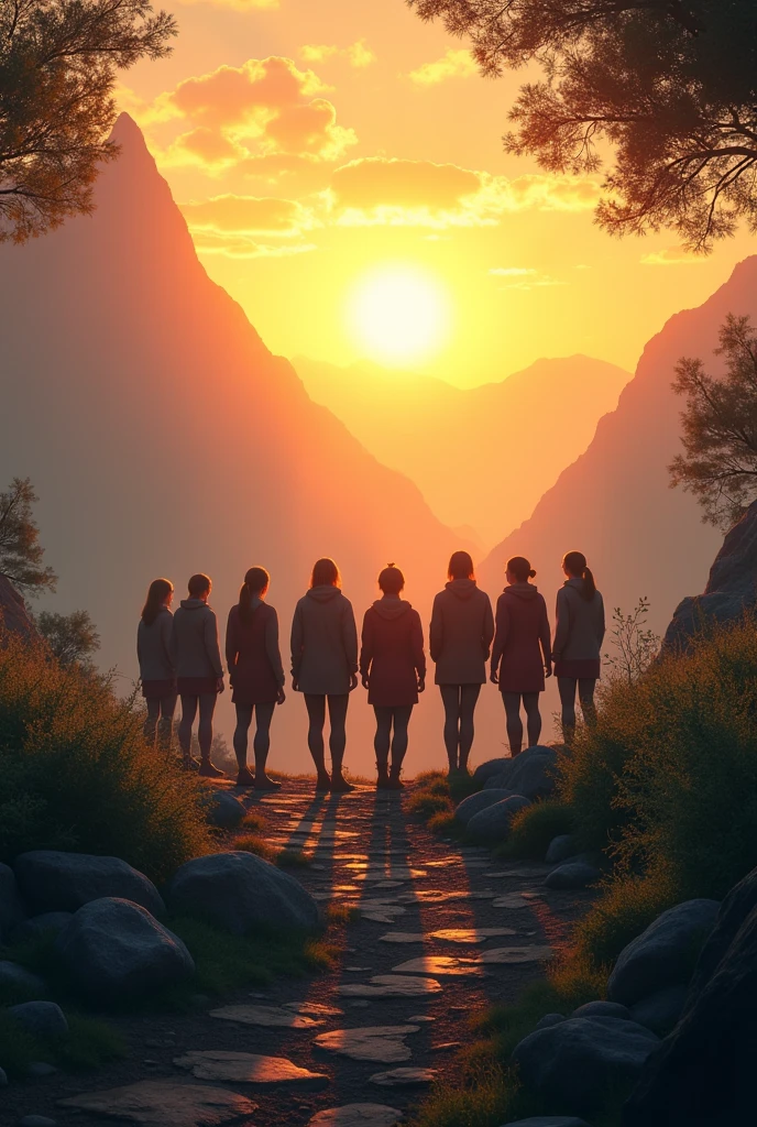 Imagine an image with a horizon at dawn, where the first rays of sun illuminate a mountain path. At the bottom of the image, Place 9 women standing on top of a hill, looking forward with determination. One of them is the leader. Add a text above that says FENIX