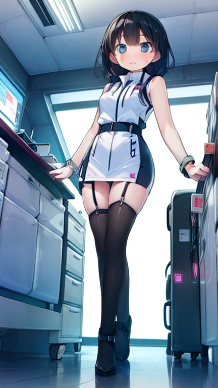 (Highest quality), (masterpiece), 1080P, High resolution, 4K, 8k, Inside the space station、Futuristic room、Thigh straps, Shooting from directly below, The woman on top of me, 白いSweat, Covered , Sweat, Woman looking down, Skirt swimsuit, Thigh-high socks, To achieve this, , , whole body, Black leather shoes, Braided hair, Inner Color, Embarrassed face, Short black hair, bracelet, Bedroom,celestial body_Vest
