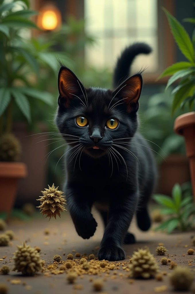 Black cat playing with marijuana seeds