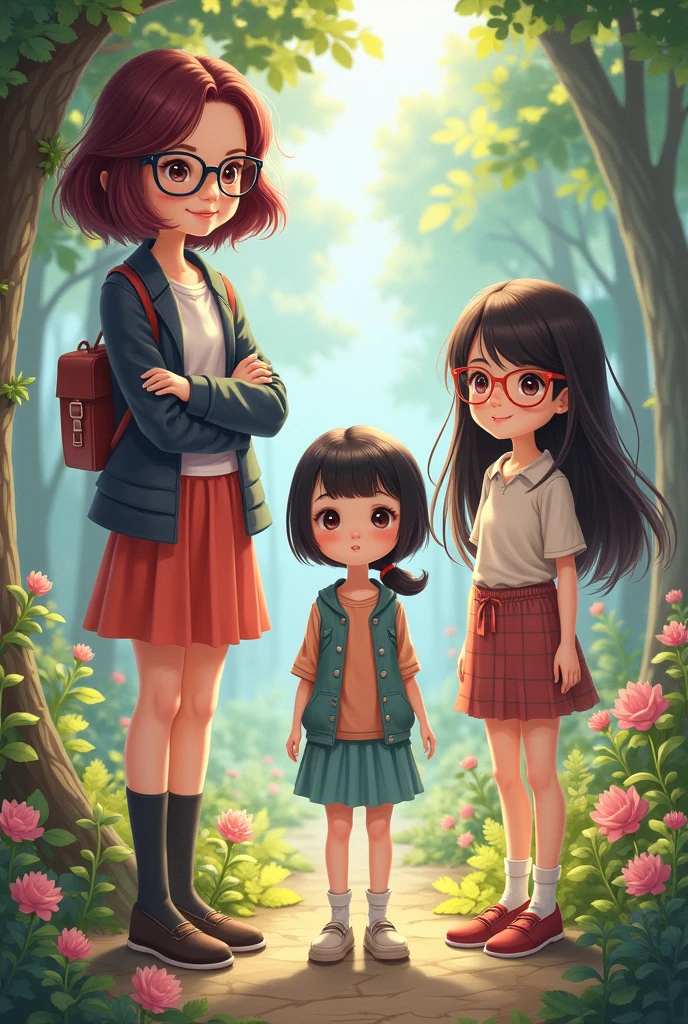 Three girls, one tall with shoulder-length wine-colored hair and glasses, another short with long, waist-length, dark brown hair without glasses, and another with shoulder-length black hair with glasses. 