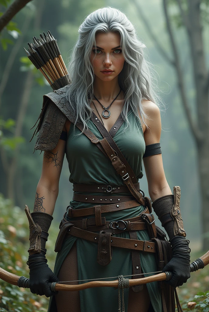 One with gray hair, Light gray eyes , skin fair, that she has a tattoo of roots on her wrist, that she is wearing warrior clothes and holding a bow and arrow, wearing a black glove on his hands