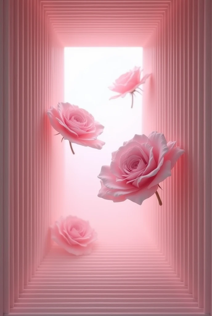 A square, bottomless room. On each side (wall), there is a wooden plank (like a windowsill). The room seems to be filled with a light mist and is bathed in soft pink light. Large, delicate pink roses float in the space of the room (so large that one could lie on them)