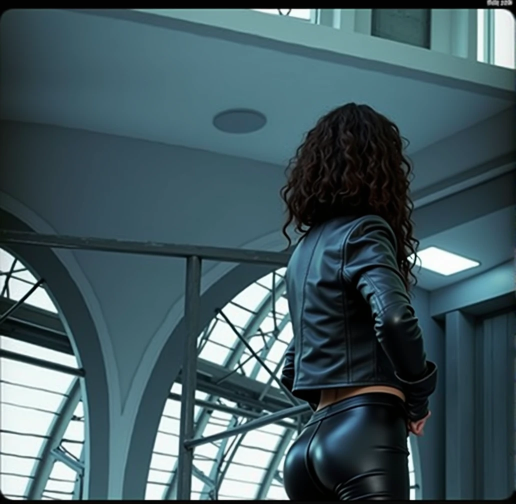 woman with her back to the camera, hand on hip pose, black cropped leather jacket, tight black leather pants, detailed big butt, butt expansion, butt inflation, big buttcheeks, photorealistic, hyper detailed, 8k, realistic, chiaroscuro lighting, moody lighting, dramatic lighting, portrait photography style, cinematic, dark and gritty, high contrast, cool color tones