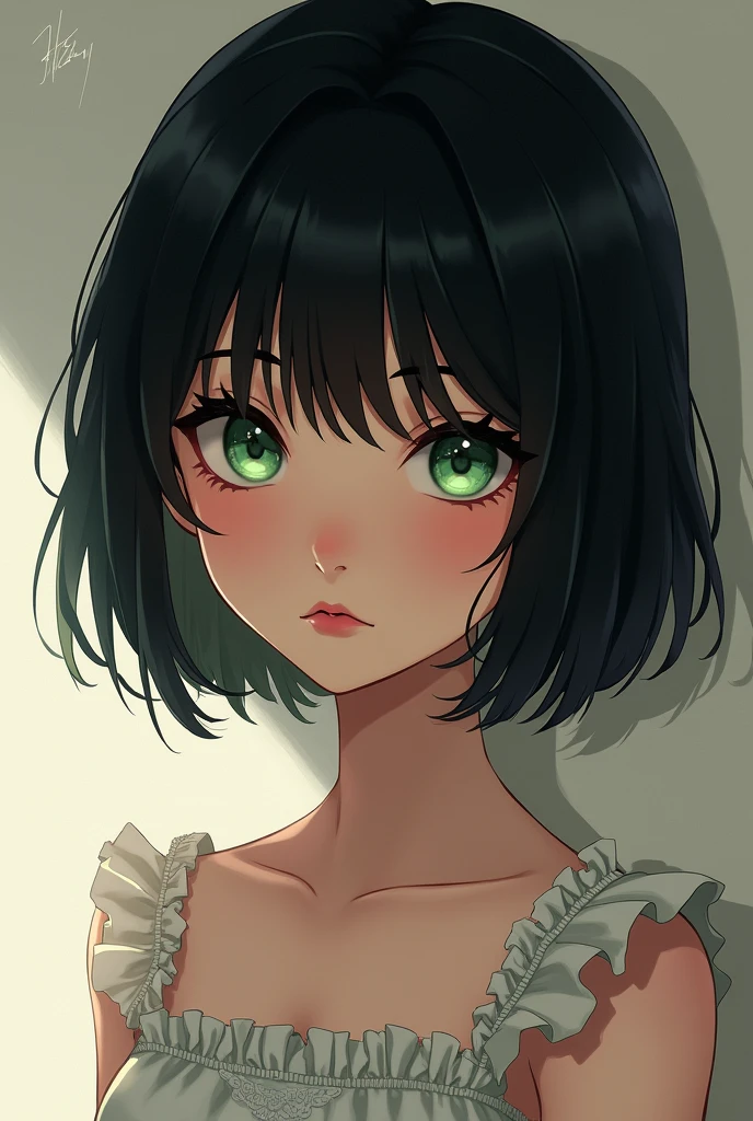 Create an image of a girl with short black hair and green eyes, pink lips and light anime-style skin, a serious and cold face and a kawaii dress.